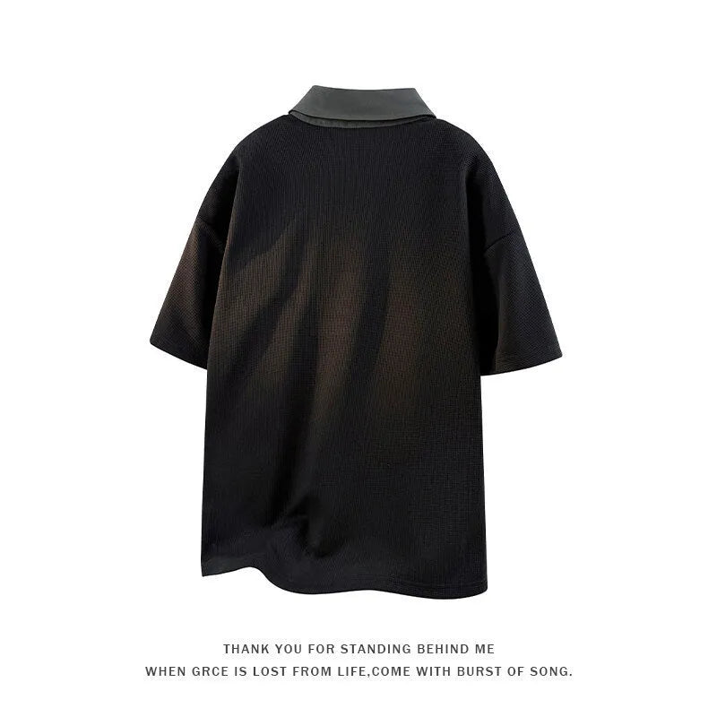 Men's heavy Henry collar polo shirt sweater with padding in black and apricot colours