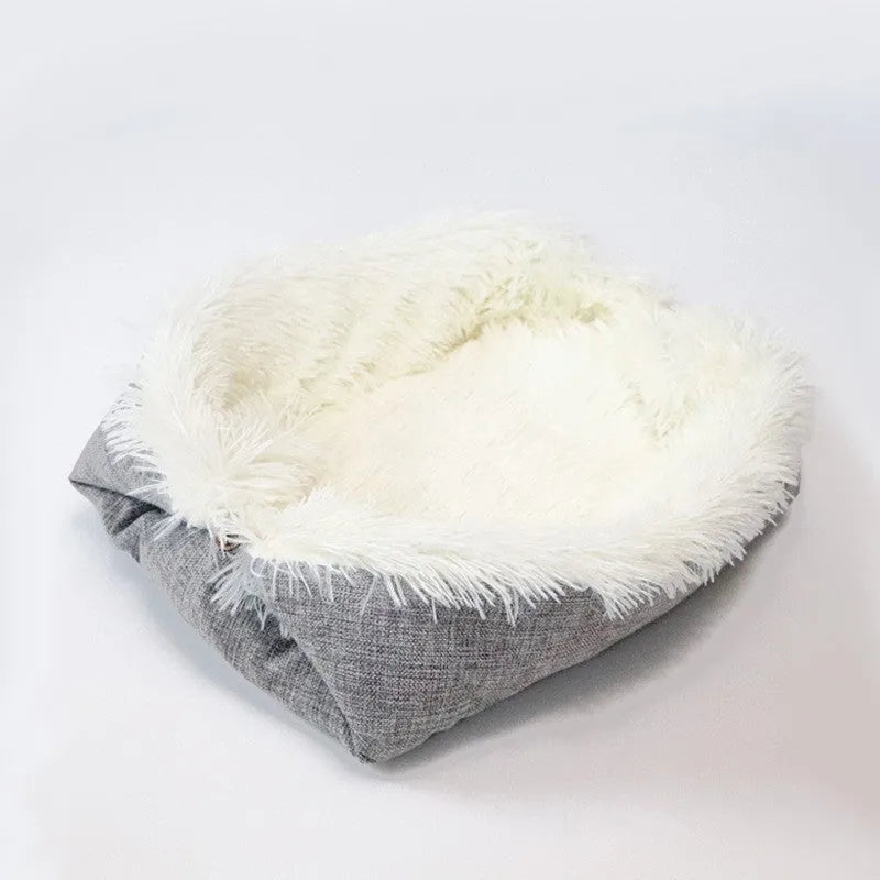 Grey and white fluffy double-layer pet blanket nest with black non-slip bottom, size 61x51cm