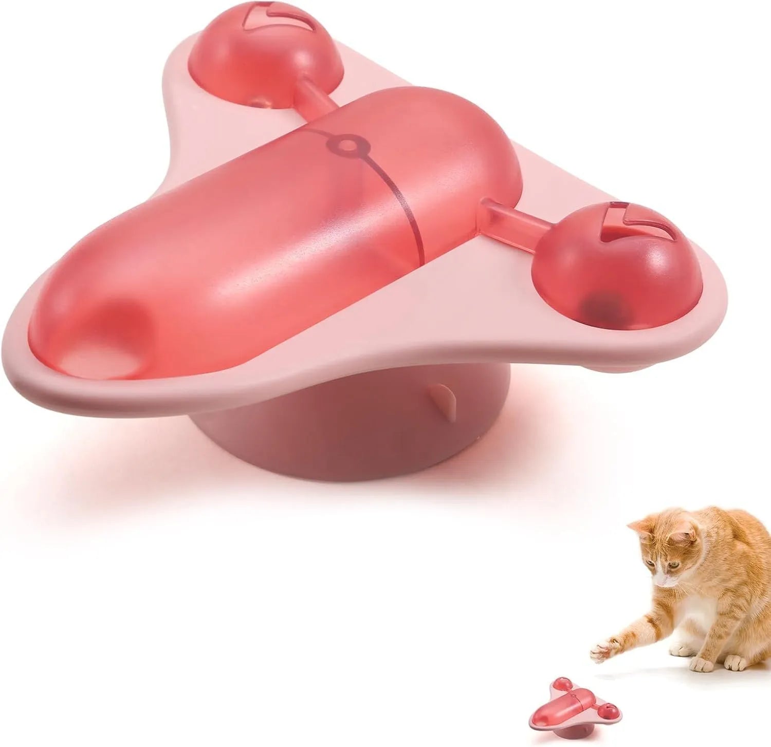 Blue interactive pet puzzle toy with bell, catnip, and clear snack cabin on a suction cup base.