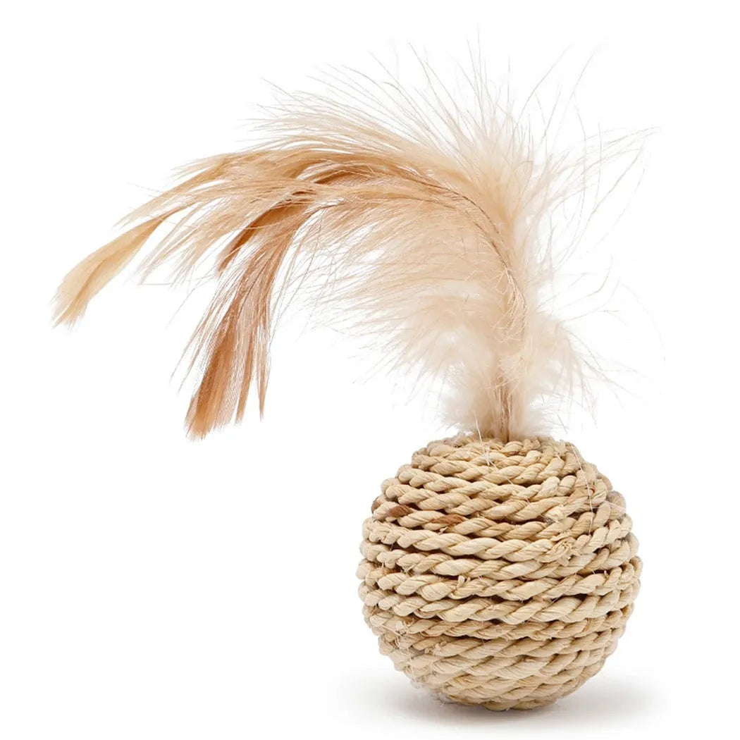 Natural rattan ball and colourful faux feather bell ball cat toy set