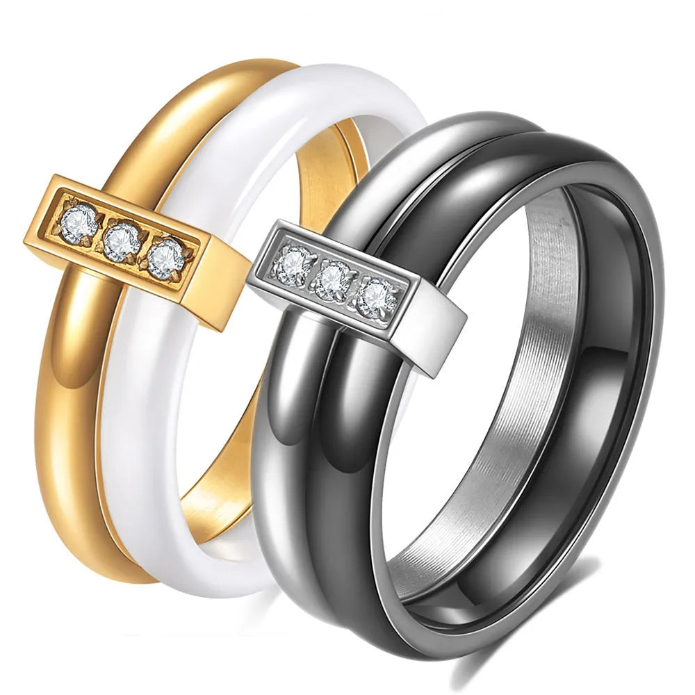 Ceramic women's ring with zirconium inlay in steel black or golden white