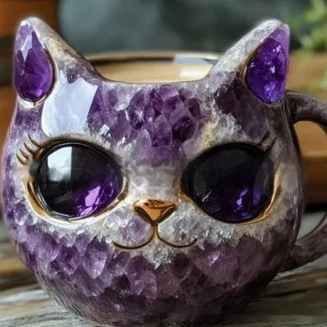 Handmade purple resin geode mug with a crystal cat cup design on a wooden table.