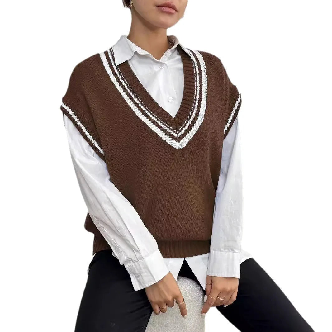 Women's loose-fit college-style pullover vest jumper in black, blue, or coffee colour.