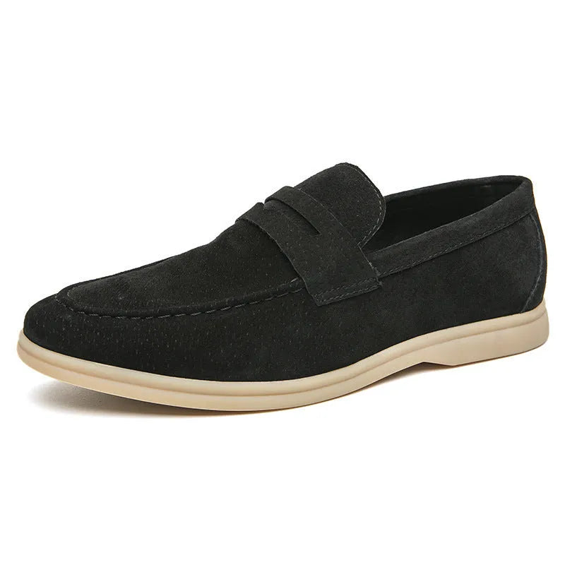 Men's slip-on leather casual shoes in black with mid heel and rubber sole