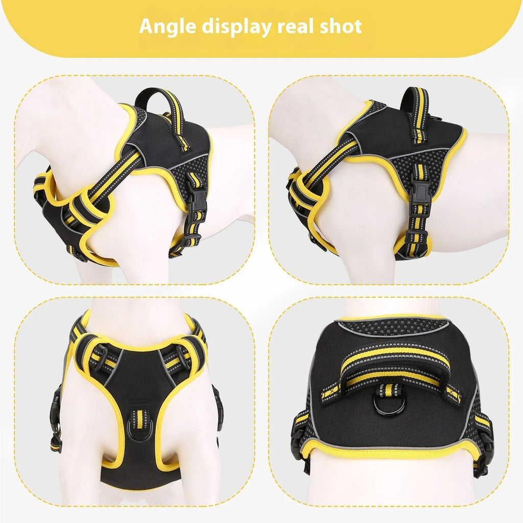 Yellow or orange polyester dog harness with traction strap for outdoor pet training