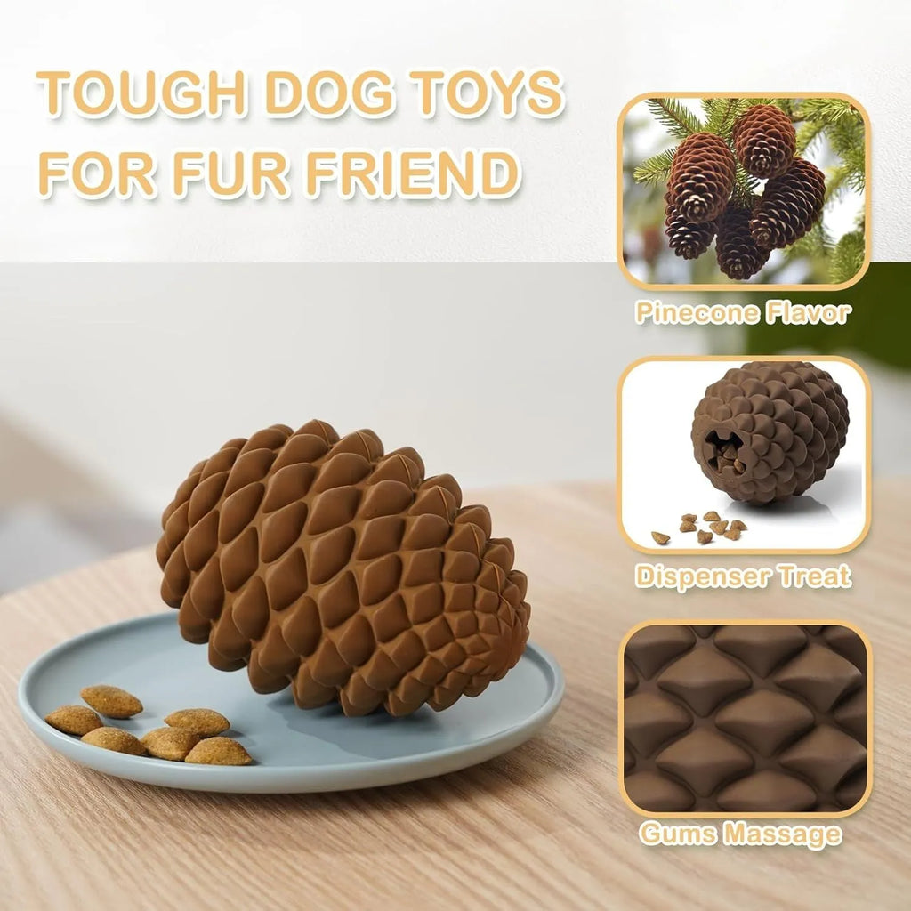 Yellow pine cone shaped natural rubber dog toy with treat dispenser for large breed dogs