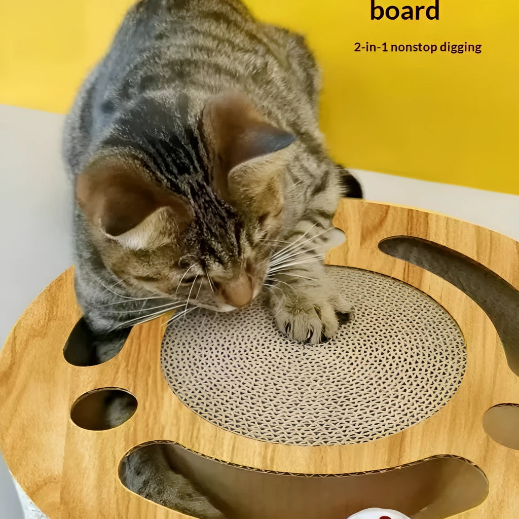 Grab And Play 2-in-1 cat scratch pad toy in round shape, made from paper, on floor