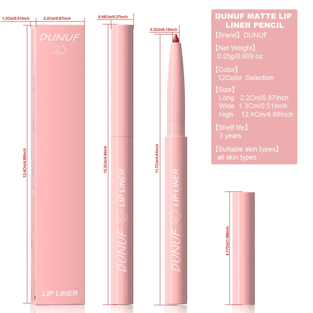 A single velvet matte lip liner pencil shown with a swatch of its colour, representing one of 12 available shades.