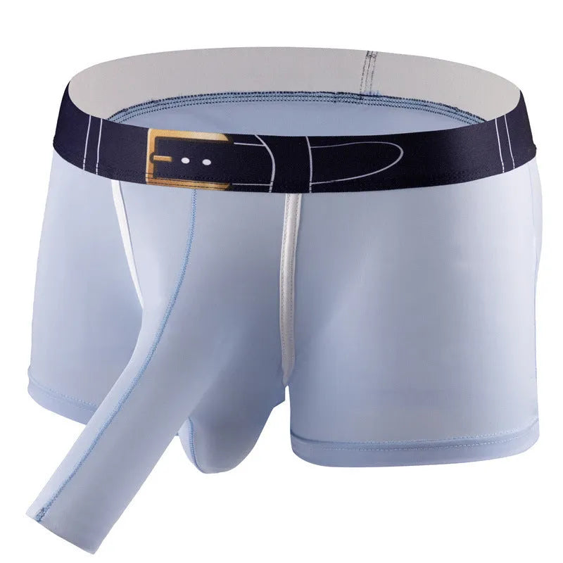 Men's solid colour boxer shorts in ice silk fabric, shown in grey, on a white background.