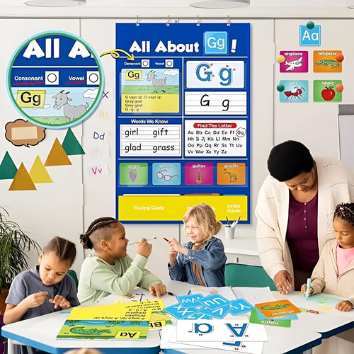 Alphabet learning chart with word cards, letter cards, and picture cards laid out for educational play.