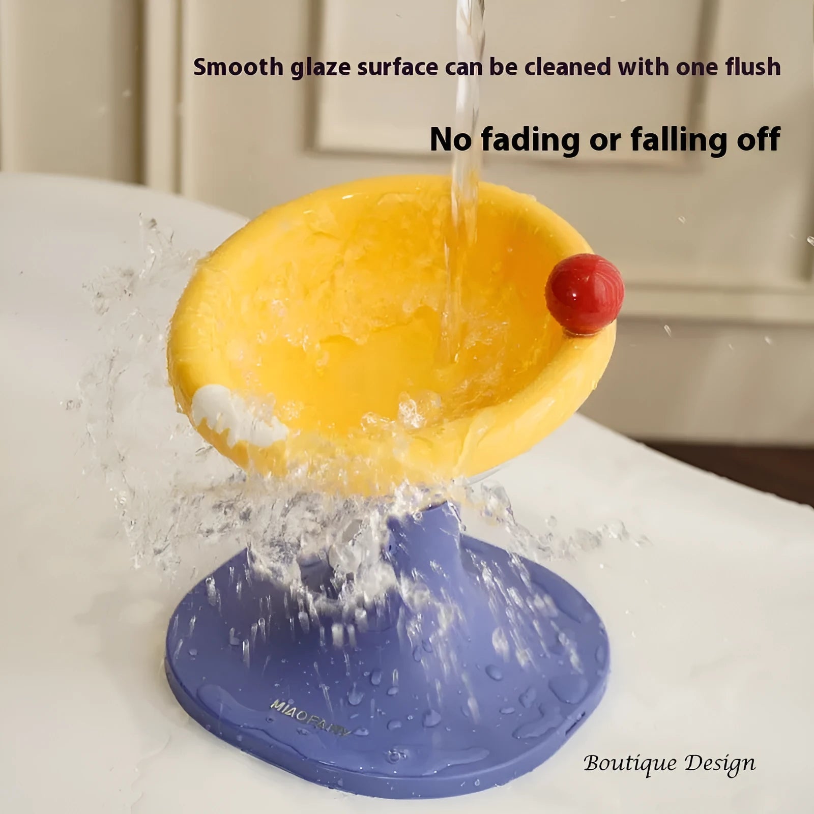 Adjustable ceramic cat feeding bowl in ice cream shape with pink and blue colour on a plastic base