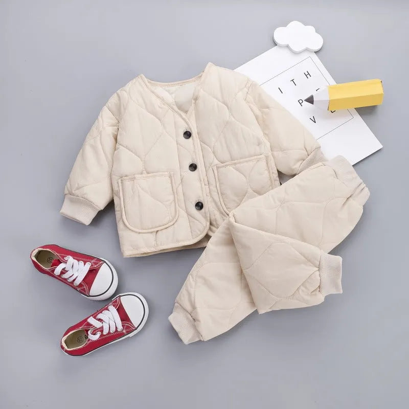 New Korean Version Plus Velvet Thickening Two-piece Baby Suit in beige, 95% cotton, sizes 80-130cm