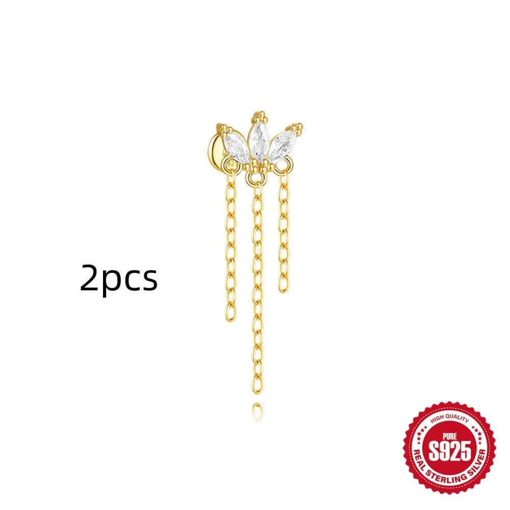 S925 sterling silver geometric kite earring with rhinestones and a chain tassel in a gold colour.