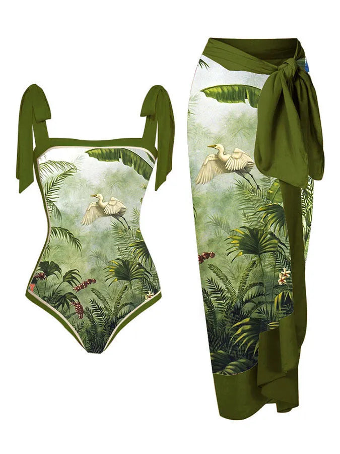 Women's floral print two-piece swimsuit with a sheer chiffon hip skirt, shown in one of the available colour variations.