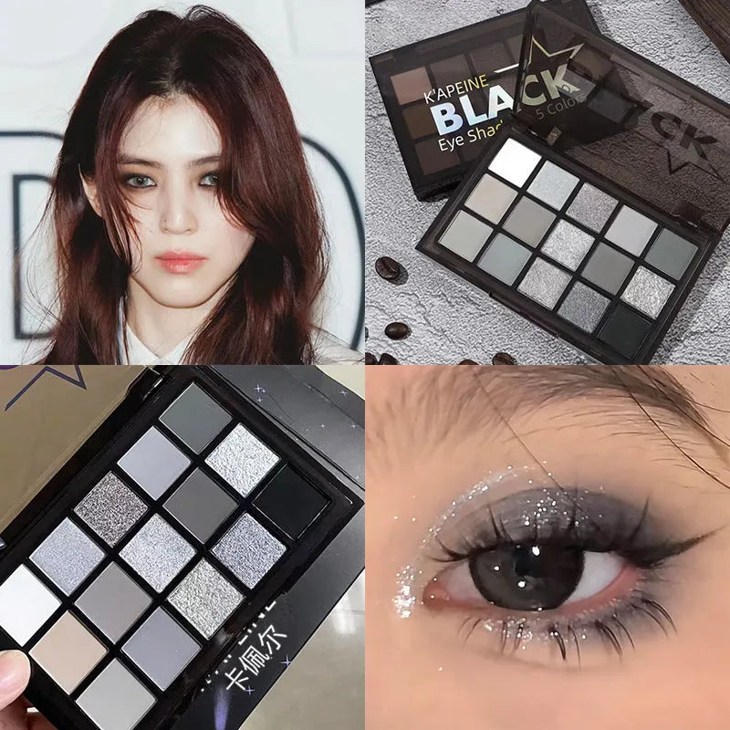 Easy To Colour 15 pan eyeshadow palette with shimmer and matte brown blue earth tones.