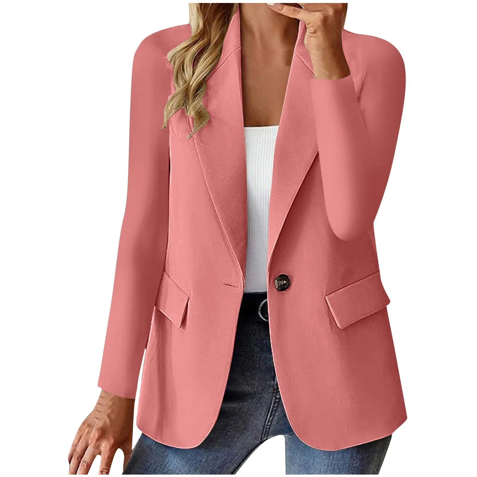 Women's slim fit long sleeve solid color cardigan jacket with pockets in black, front view