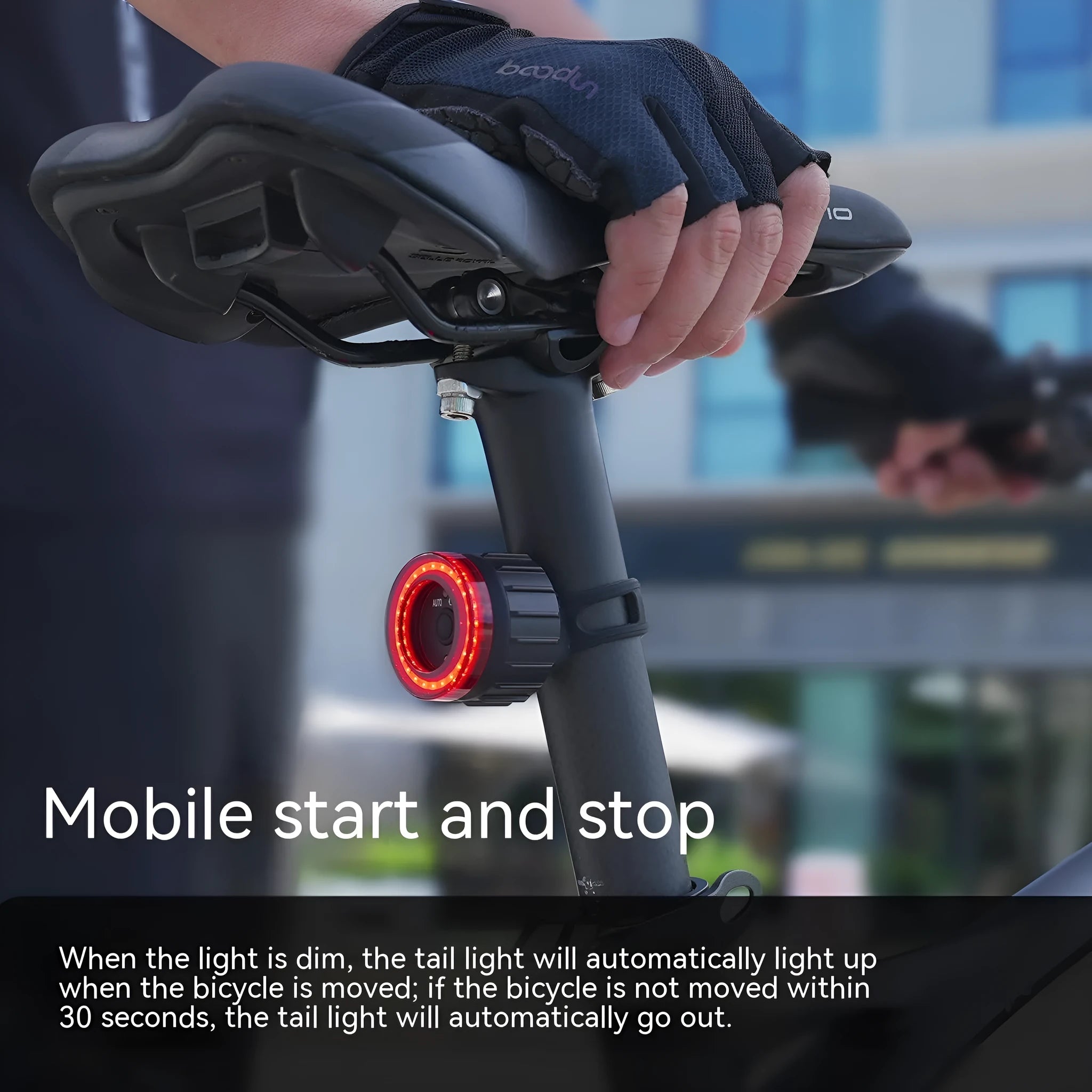 Black intelligent induction bicycle brake light with aluminium alloy construction and seat tube mounting bracket