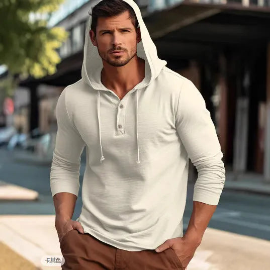 Men's cotton pullover hoodie in dark blue colour showing long sleeves and casual sports style