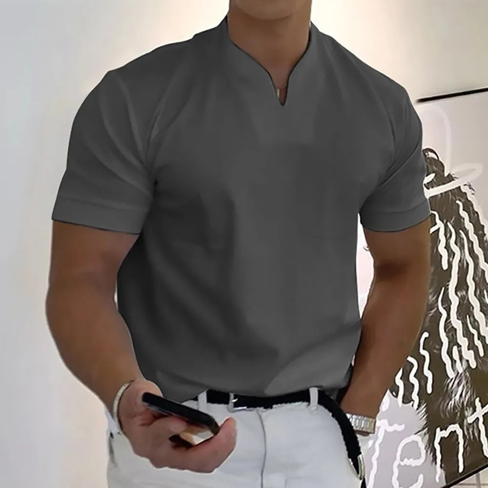 Men's summer short sleeve shirt with pocket in light grey, loose stand collar fit with plain pattern, plus size S-5XL
