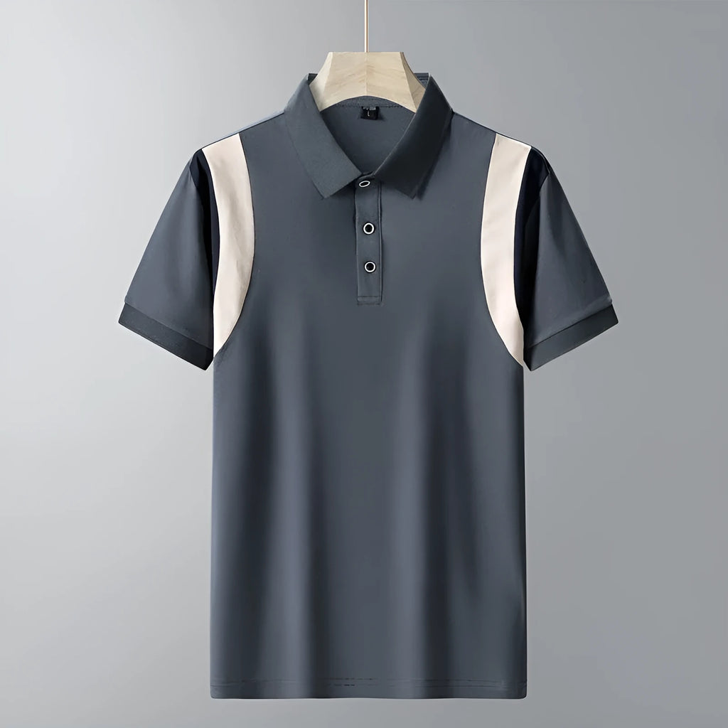 Men's gray cotton lapel T-shirt on a hanger, showing V-neck and short sleeves.