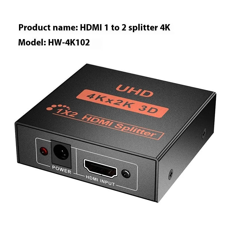 HDMI splitter device distributing 4K video to two displays with multiple power interface options