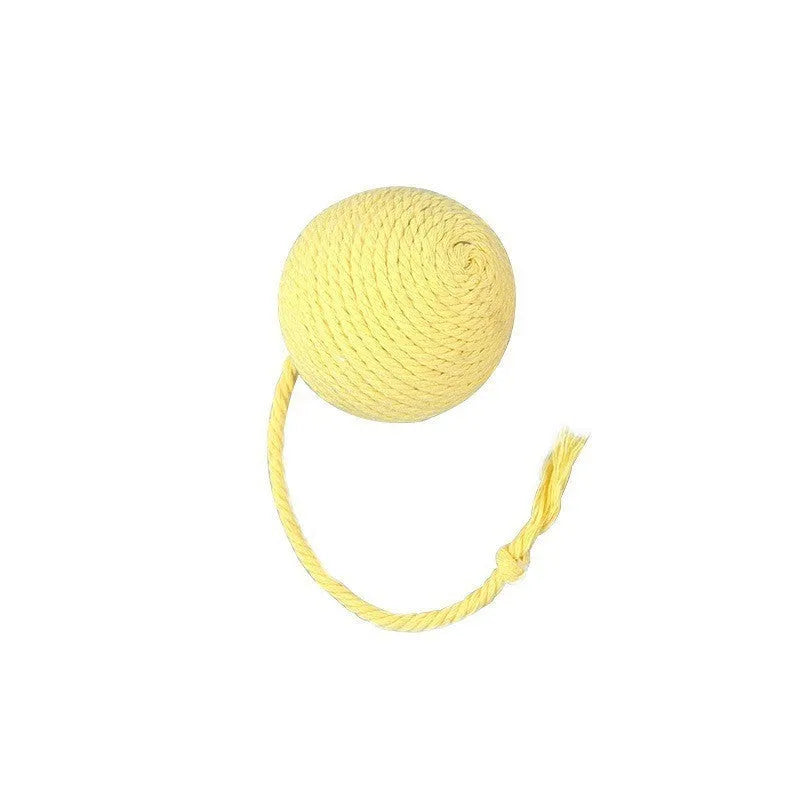 Cat toy ball with rope in four colours: green, pink, purple, and yellow