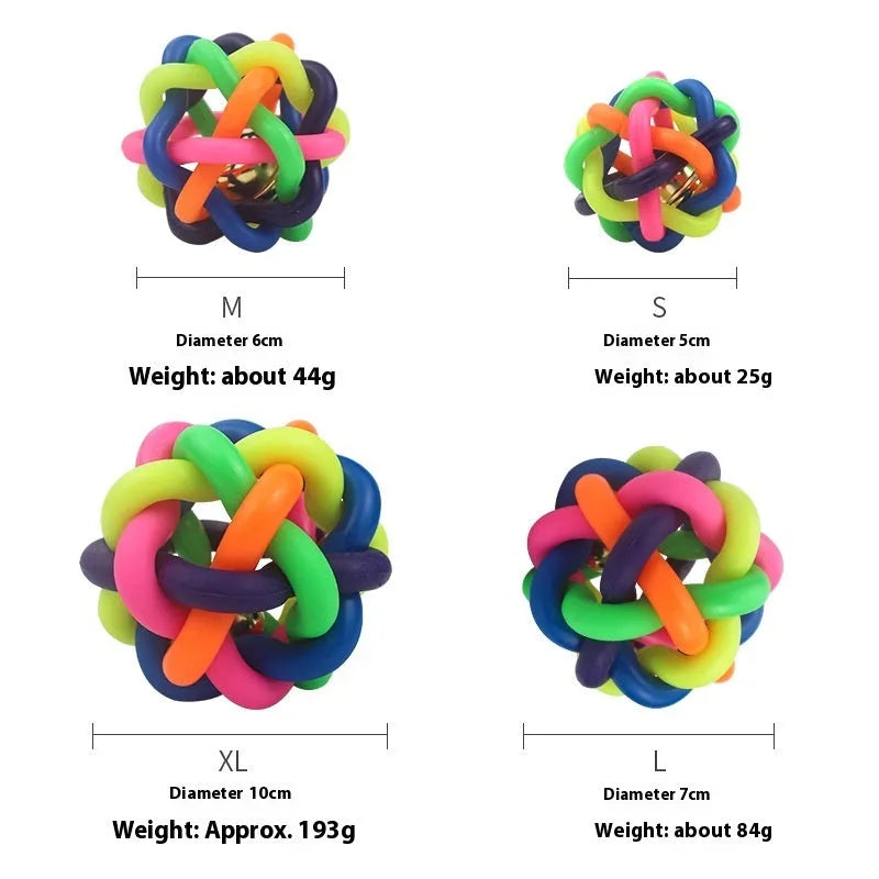 Colourful woven plastic pet toy ball with bell in rainbow colour, 6.5cm size