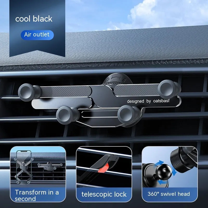Silver aluminum alloy car air vent phone holder bracket with snap-on clip.