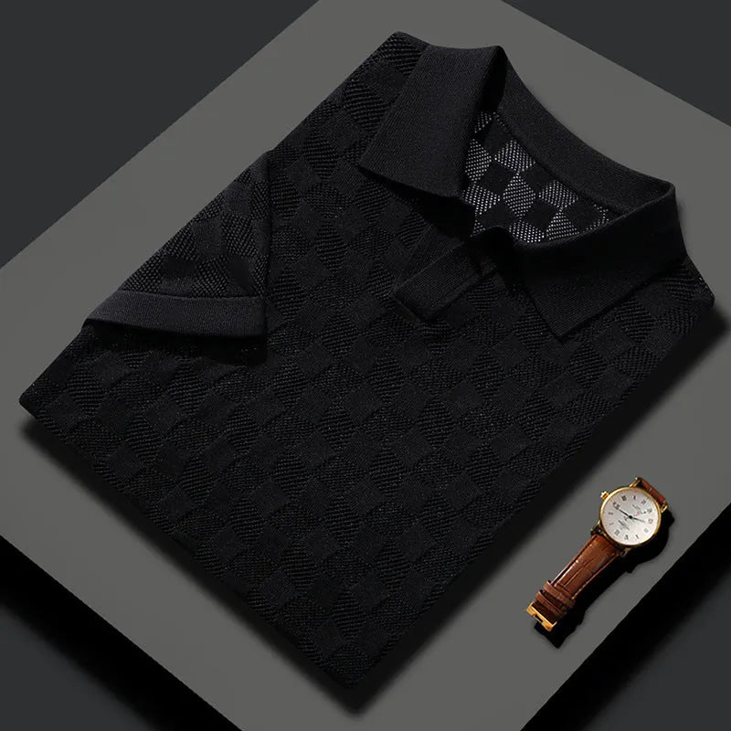 Men's short sleeve lapels sweater in mulberry silk with Jacquard knit and business casual styling