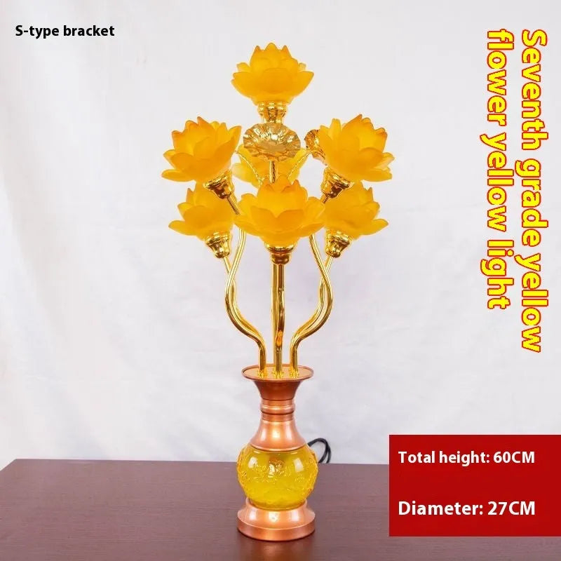 Colored glaze lotus lantern with alloy base, pink floral petals, and LED light for temple worship