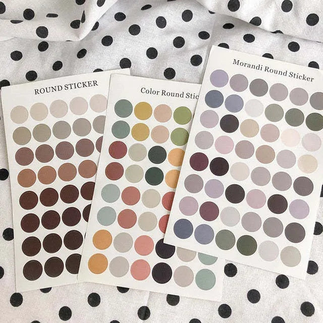 Morandi earth colour polka dot seal sticker sheet with 48 die-cut 2 cm circle stickers on an A5 size 16x24.5 cm sheet