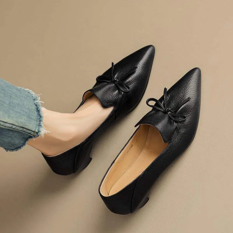Women's low heel pointed toe shoes in black, PU upper, size 35-42, side view