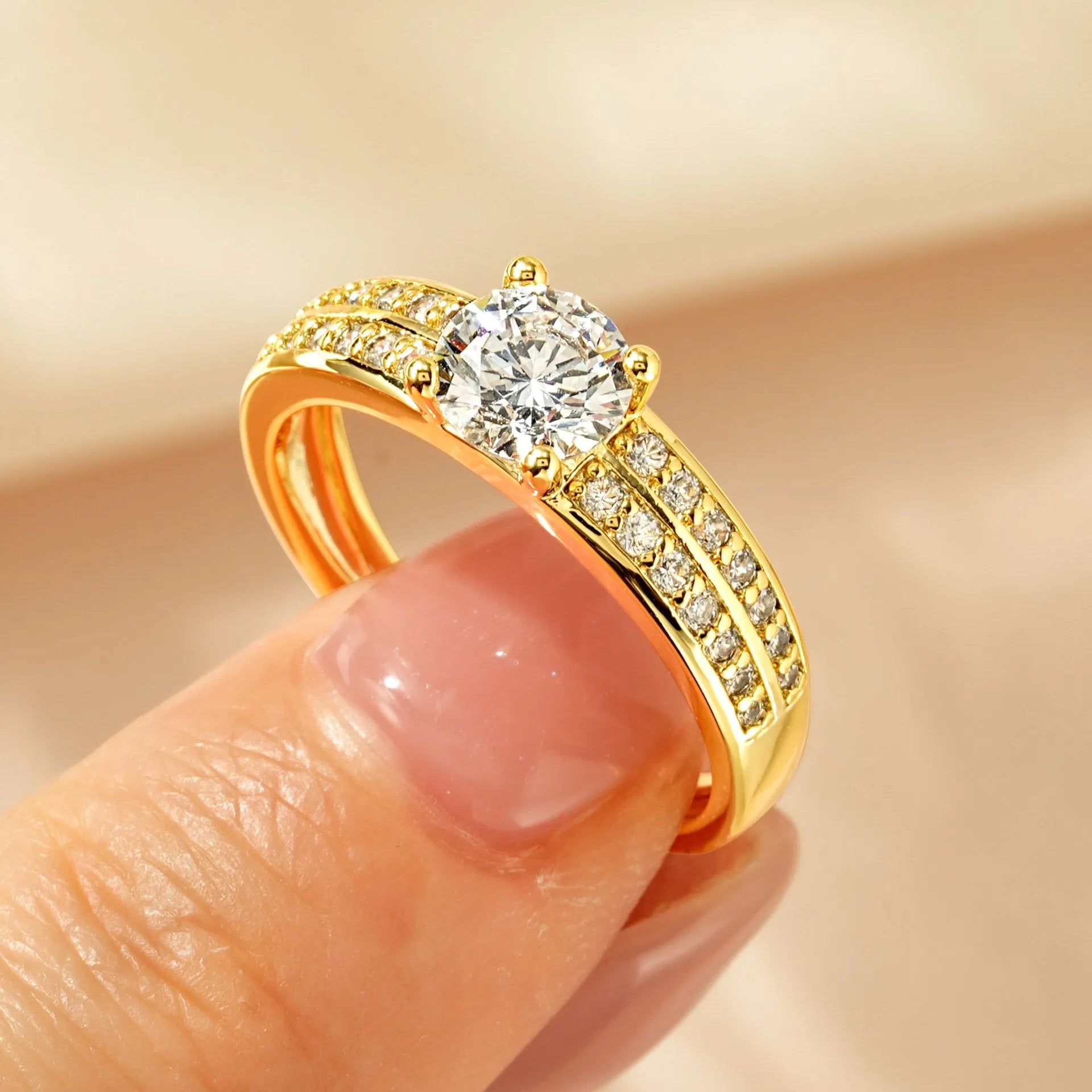 Women's luxury zircon ring with copper electroplating in heart, split arm, and star diamond designs
