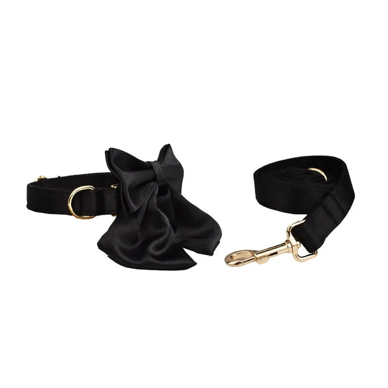Cloth dog chest strap harness set with collar, leash, and decorative bow accessory in multiple sizes
