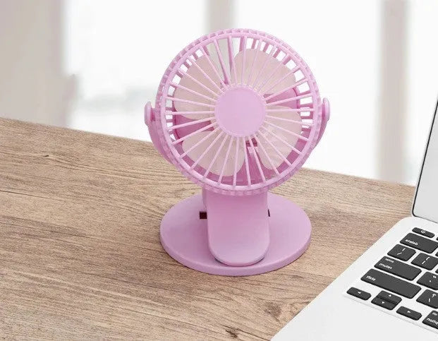 USB rechargeable clip fan in white with battery options for desktop and stroller use