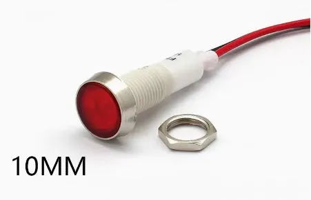 10mm stainless steel bezel plastic indicator light with wire, shown in multiple colour options.