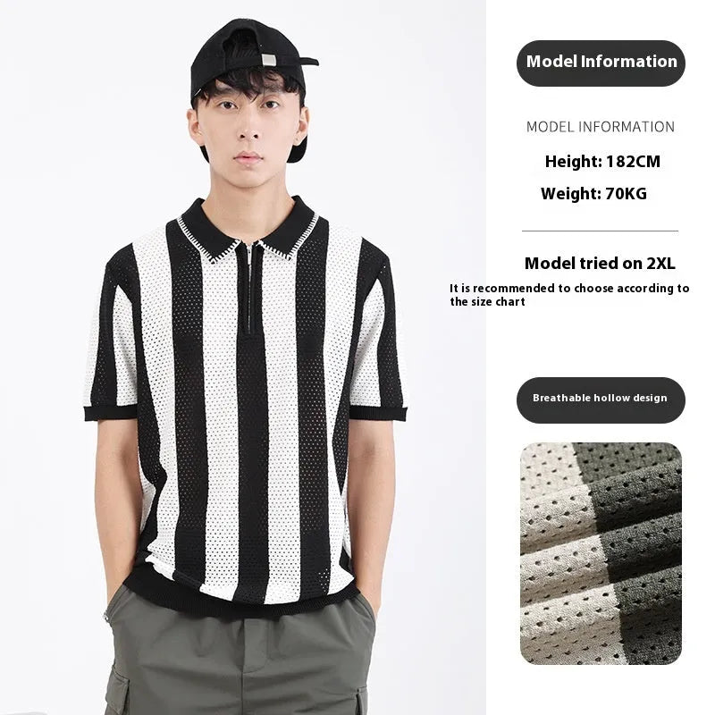 Men's black and white striped short sleeve summer sweater with zipper decoration detail