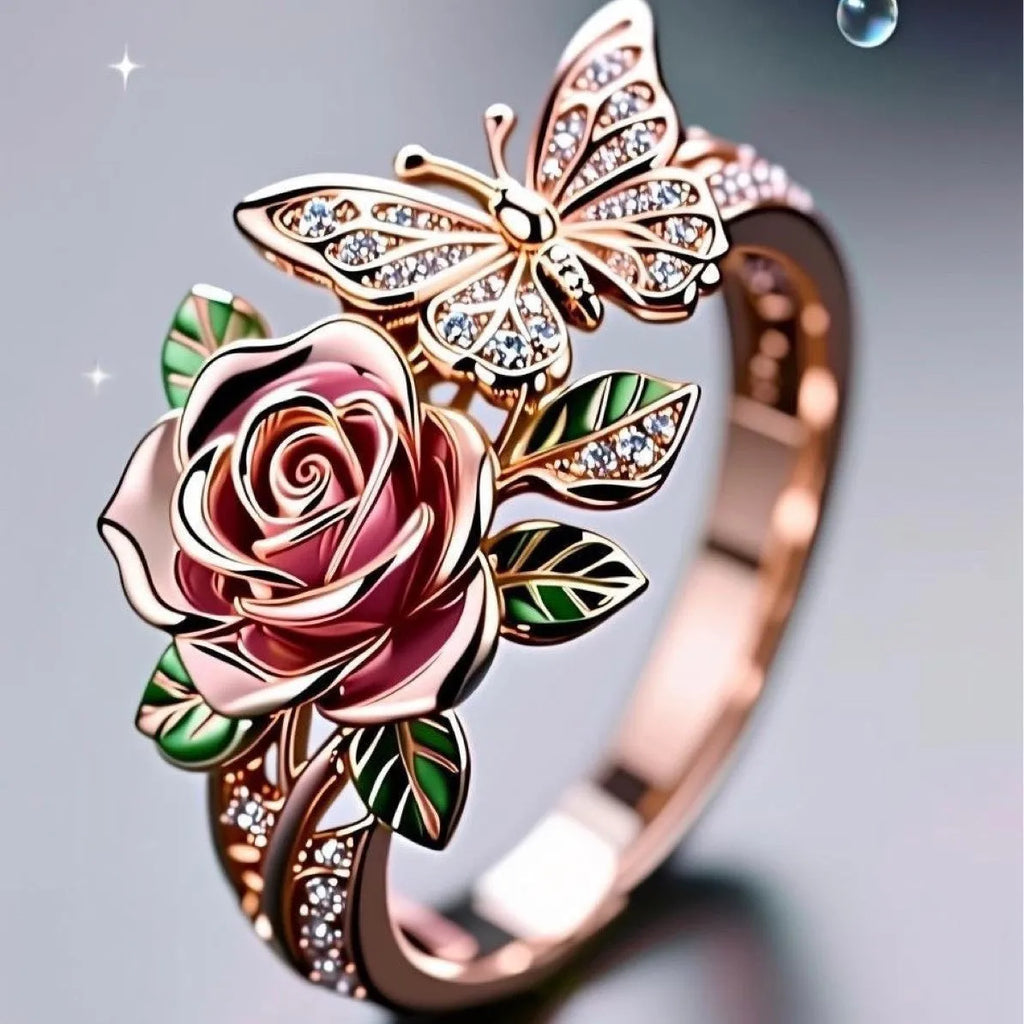 Colourful adjustable butterfly ring with floral details and a dripping oil finish.