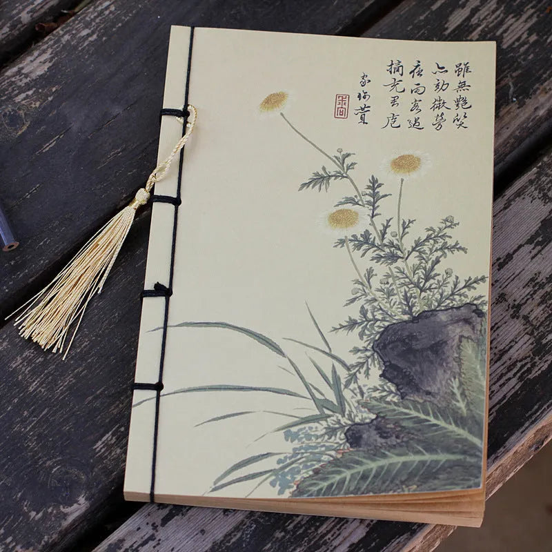 A5 antique wire-bound notebook with retro painting cover, wax rope binding, and tassels
