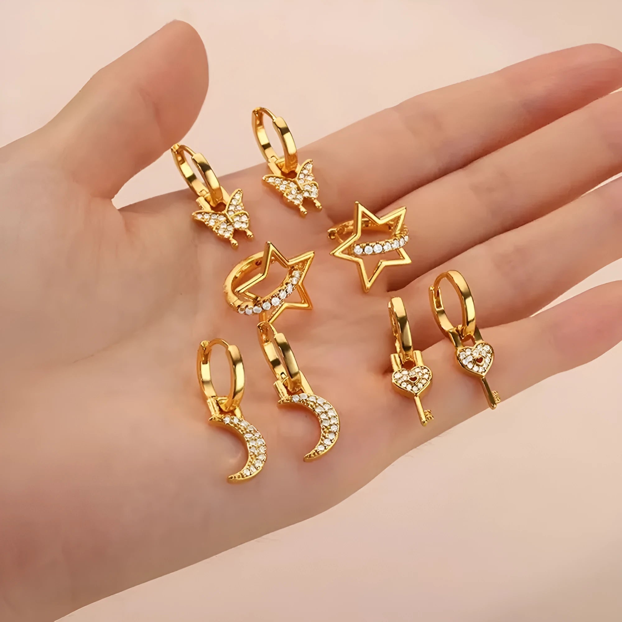 Irregular geometric butterfly earrings with heart and star shapes in copper with multiple colour options
