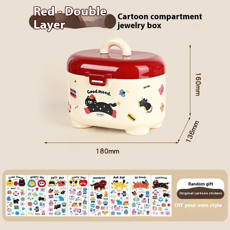 Cartoon-style red and brown plastic desktop storage organiser with 2L capacity and organisation stickers.