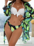 Women's three-piece bikini swimsuit set with mesh split detail in a quick-dry fabric.