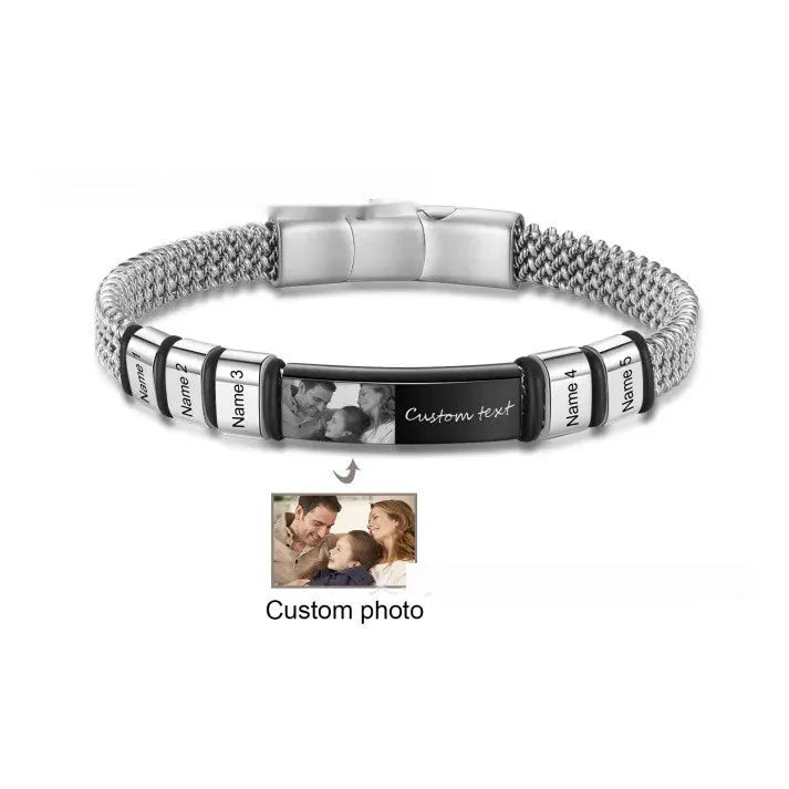 Men's stainless steel lettering bracelet with heart-shaped beads on leather rope band