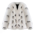 Black and white raccoon pattern faux fur coat on a model, short length, plus size.