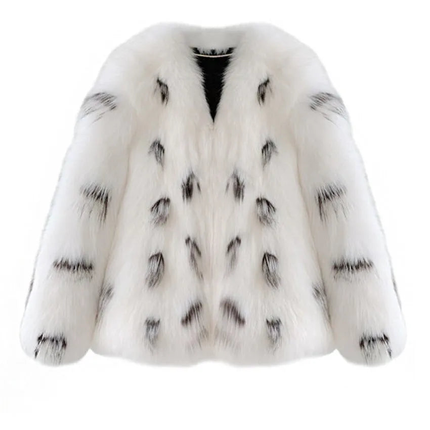 Black and white raccoon pattern faux fur coat on a model, short length, plus size.