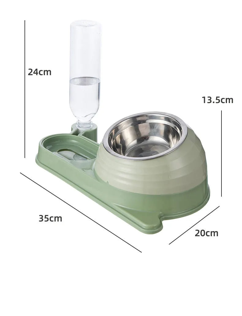 Elevated cat food bowl with water dispenser bottle in green colour