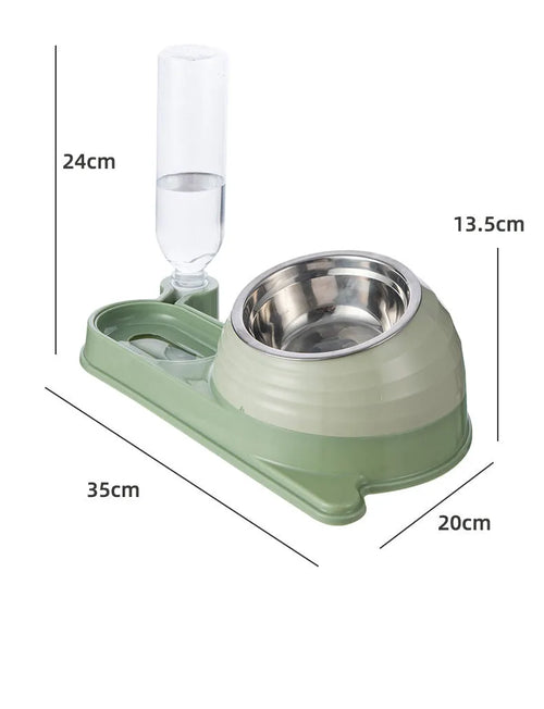 Elevated cat food bowl with water dispenser bottle in green colour