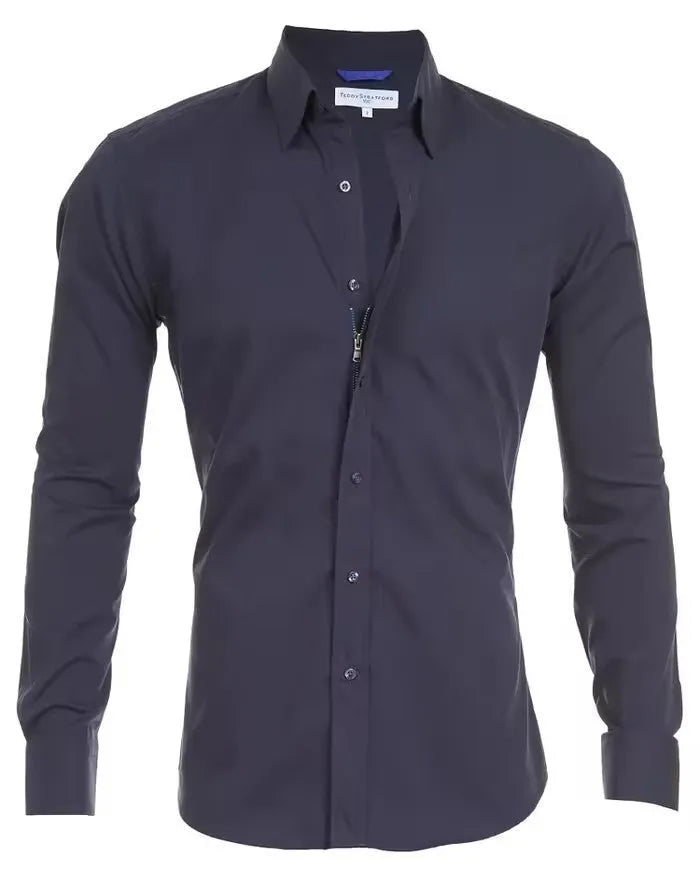 Men's long sleeve zipper shirt with button lapel, solid colour, slim fit cotton blend top