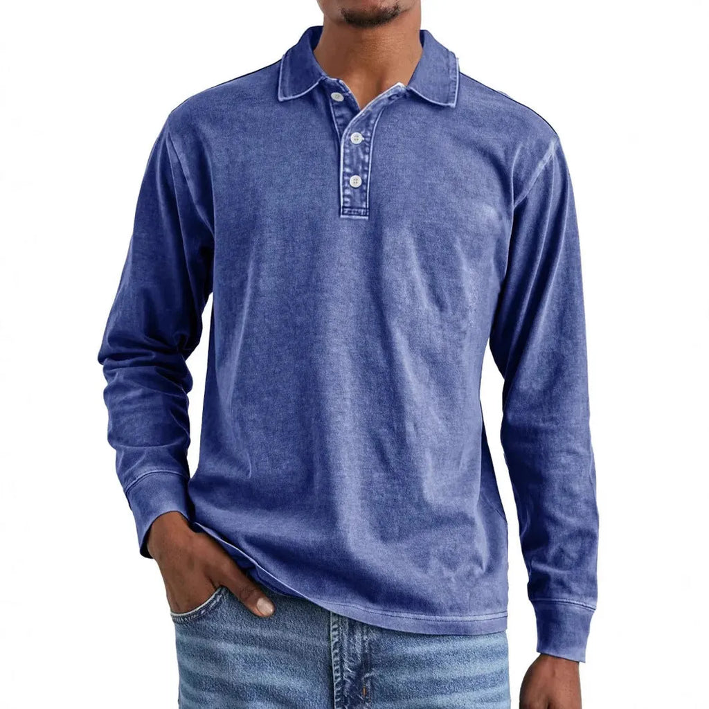 Man's retro washed cotton long sleeve polo shirt with button-up front and lapel collar in various colours.