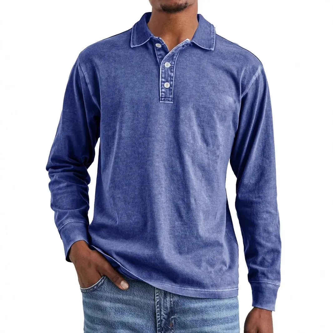 Man's retro washed cotton long sleeve polo shirt with button-up front and lapel collar in various colours.